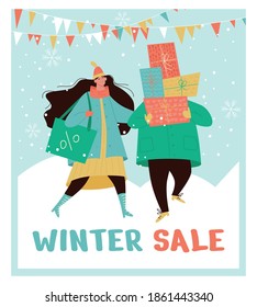 Banner for Christmas or Winter sale. People running after shopping. Color people in winter warm cloth. Vector illustration.

