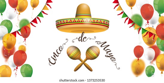 Banner for the Cinco de Mayo, with sombrero, maracas and balloons. Eps 10 vector file.