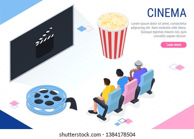 Banner cinema. Flat isometric images of people in the cinema. Can be used for infographics, web banners. Isometric the reels, Cup of popcorn