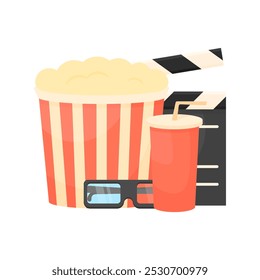 Banner in cinema motorograph concept, time to watch movies. A set of elements for watching movies in cartoon style on a white isolated background. Film production.Popcorn with drink, movie clapperboar