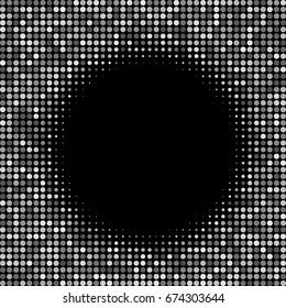 banner circle grey round transparency. abstract mosaic. poster points. black background. halftone effect. monochrome grunge texture. vector illustration