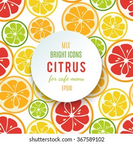 Banner with citrus fruits and spare place for your text. Your text can be easily added. Grapefruit, lime, lemon and orange. For cafe menu modern design. Bright stylish juicy icon design. Vector