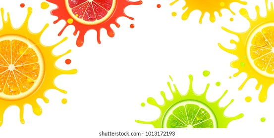 Banner With Citrus Fruits And Splash Juice On A White Background