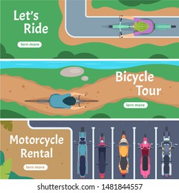 Banner city bicycle. Trails people driving bike top view road traffic vector design template