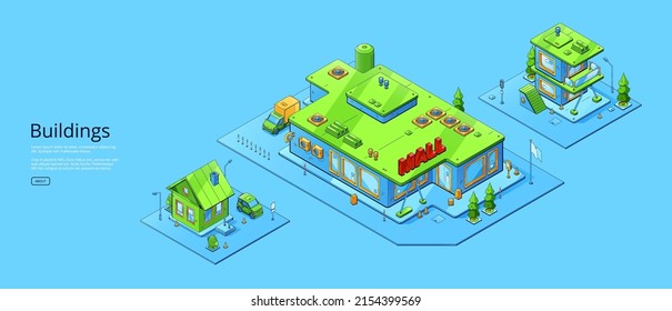 Banner of city buildings architecture. Vector horizontal poster with isometric shopping mall and house. Exterior of residential and commercial buildings isolated on blue background