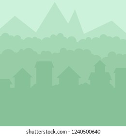 Banner of a city in haze with forest  and mountains on the background