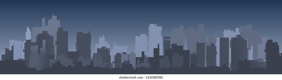 Banner city landscape of silhouettes of buildings and houses against the backdrop of a color sky