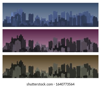 Banner city set landscape of silhouettes of buildings and houses against the backdrop of a color sky