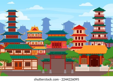 Banner of the city of traditional buildings in Asian style. Ancient temples, pagodas, shrines, residential buildings. Vector illustration.