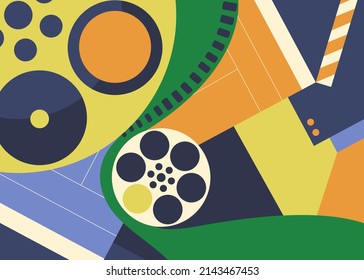 Banner with clapperboard and film projector. Cinema placard design in abstract style.