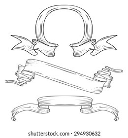Banner. Classic tape. Vector engraving. Scrapbooking victorian style page. Vintage old retro flag ribbon banner. Hand drawn vector illustration. Space for text. Element for print, design, web design.