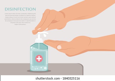 Cartel de Limpie las manos. Sanitizador manual. Higiene personal. Uso de gel antiséptico para limpiar las manos y prevenir los gérmenes. Aplicar un sanitizador hidratante. Desinfección, ilustración del vector antibacteriano
