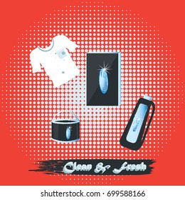 Banner - Cleaners, T-shirt with dirty spot, brush stroke watercolor - decorative red background - art creative modern vector illustration