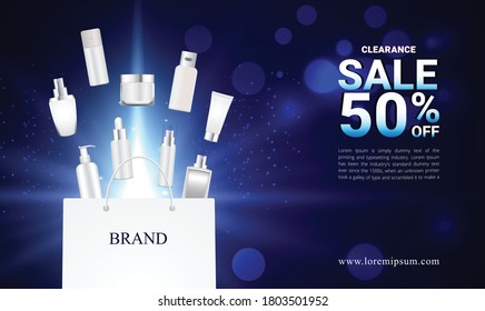 Banner clearance sale cosmetics product with packaging in shopping bag illustration