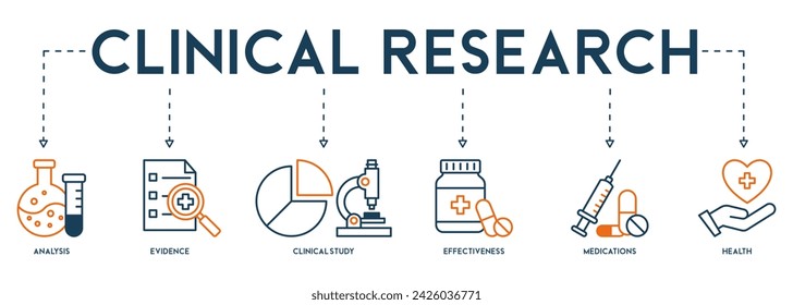 Banner of clinical research vector illustration concept pictogram with the icon of analysis, evidence, clinical study, effectiveness, medication