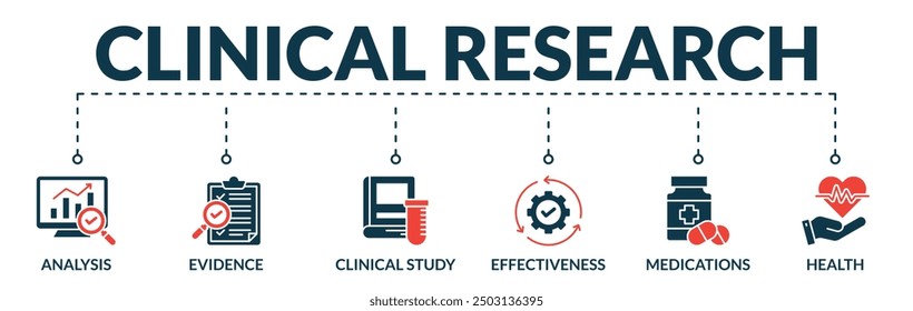 Banner of clinical research web vector illustration concept with icons of analysis, evidence, clinical study, effectiveness, medications, health
