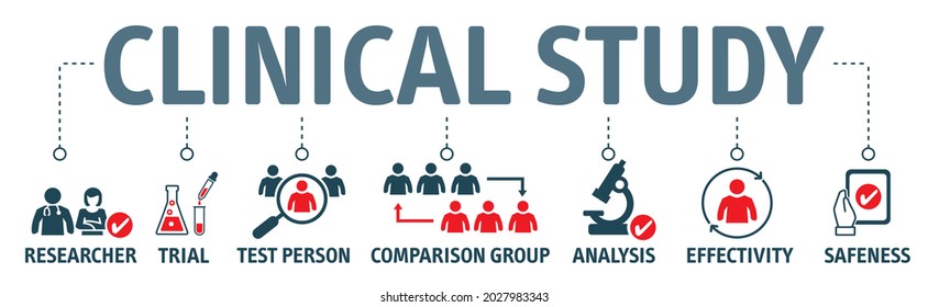 Banner clinical study and clinical trial concept - researcher, trial, test person comparison group analysis effectivity and safeness vector illustration with icons and keywords