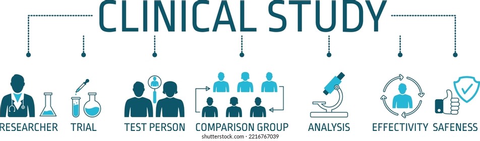 Banner clinical study and clinical trial concept - researcher, trial, test person comparison group analysis effectivity and safeness vector illustration with icons and keywords