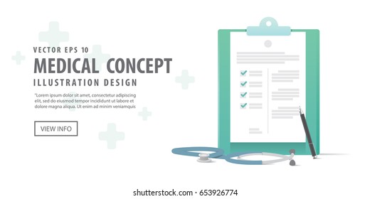 Banner clipboard and stethoscope and pen illustration vector on white background. Medical concept.