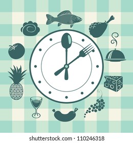 banner with a clock and different dishes