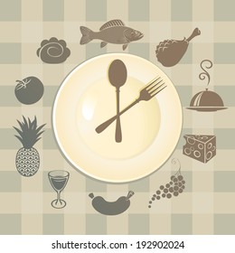 banner with a clock and different dishes