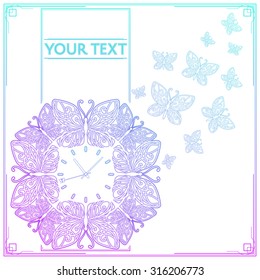 Banner with the clock of the line of decorative butterflies with patterns on the wings and a butterfly on the second hand. From the hours fly away butterfly on a white background