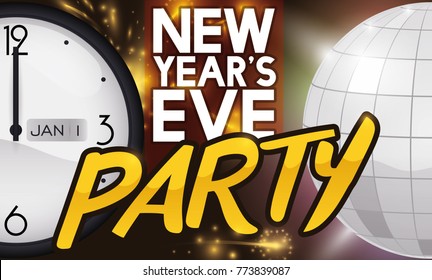 Banner with clock pointing to midnight and silver disco ball to begin the new year with a super party.