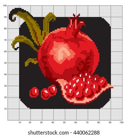 Banner cloth embroidered with a needle and a pomegranate on a black background