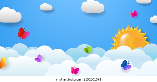 Banner With Cloud And Butterfly And Sun With Gradient Mesh, Vector Illustration