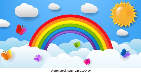 Banner With Cloud And Butterfly And Sun And Rainbow With Gradient Mesh, Vector Illustration