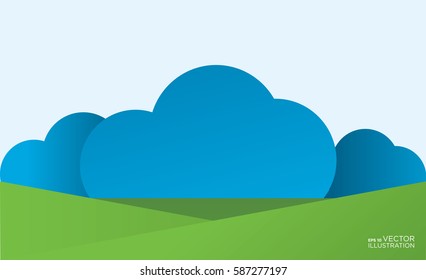 Banner with clouds and green fields. Vector illustration. For posters, banners, flyers, brochures