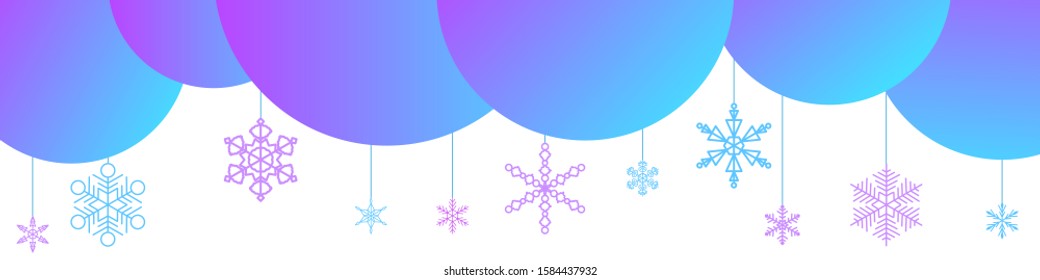 Banner with clouds and snow of violet color. Snowflakes on the strings. Fashionable design