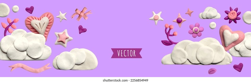 banner con nubes, estrellas y corazones plasticinos sobre un fondo lila. Plantilla de promoción y compras o fondo para el concepto de amor. Ilustración 3D, forma de masa linda.