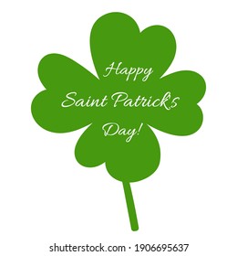 Banner with clover leave. Poster with magical plant. Decoration for St. Patrick's Day with quatrefoil. Irish traditional postcard with shamrock. Isolated on white. Vector illustration.