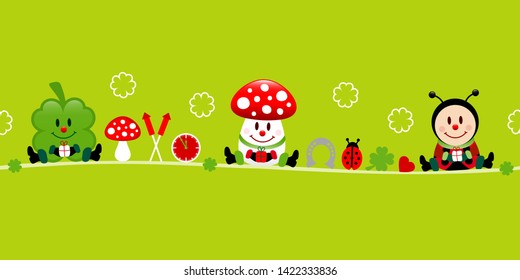 Banner Cloverleaf Fly Agaric And Ladybug Icons Green
