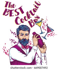 banner for cocktails bar with trendy bartender on white background,  can be used as party invitation, vector illustration