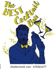 banner for cocktails bar with trendy bartender,  blue and fresh green colors, can be used as party invitation, vector illustration