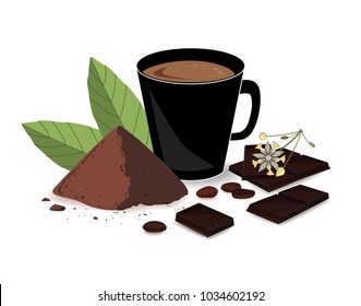 Banner with cocoa drink, cocoa powder, chocolate bar, cocoa beans, and cocoa tree flower. Print, template, design element for packaging and advertising. Vector illustration