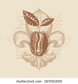 Banner with a coffee bean and a Fleur de Lis heraldic Lily on the background of handwritten text Lorem ipsum. Hand-drawn vector illustration on coffee theme in vintage style on an old paper backdrop