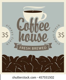 banner with a coffee cup and beans in retro