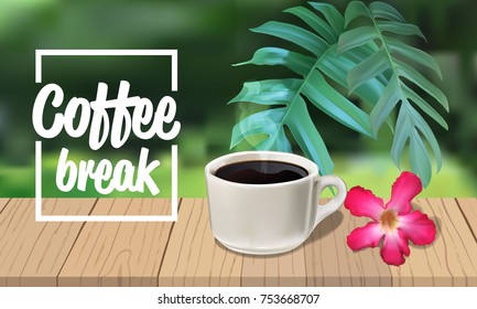 Banner coffee cups and flowers on a wooden floor on a green backdrop