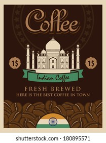 banner with coffee grains and view with picture of the Taj Mahal Vector de stock