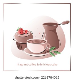 Banner for coffee house, coffee shop, cafe-bar, restaurant, menu. Coffee maker, coffee and cakes.  Vector illustration for advertising