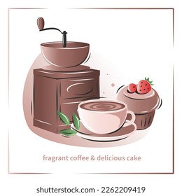 Banner for coffee house, coffee shop, cafe-bar, restaurant, menu. Coffee maker, coffee and cakes.  Vector illustration for advertising
