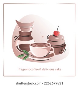 Banner for coffee house, coffee shop, cafe-bar, restaurant, menu. Coffee maker, coffee and cakes.  Vector illustration for advertising