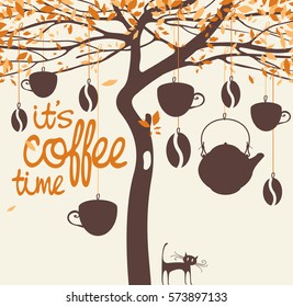 banner for the coffee house with a tree, beans, cups and teapot