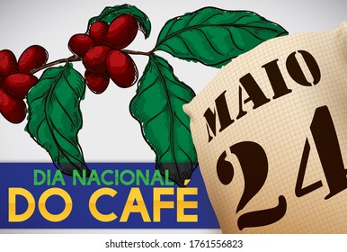 
Cartel con sorteo de una planta de café y saco con fecha para celebrar el Día Nacional del Café de Brasil (escrito en portugués).