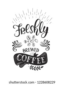Cartel con citas para café . Grabado a mano por vectores. La decoración del restaurante y del bar. Diseño caligráfico y tipográfico. Granos de café.
