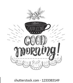 Banner with Coffee quotes . Vector hand-drawn lettering . Decoration for restaurant and bar. Calligraphic and typographic design. Coffee beans, cup.