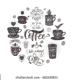Banner with Coffee quotes . Vector hand-drawn lettering . Decoration for restaurant and bar.